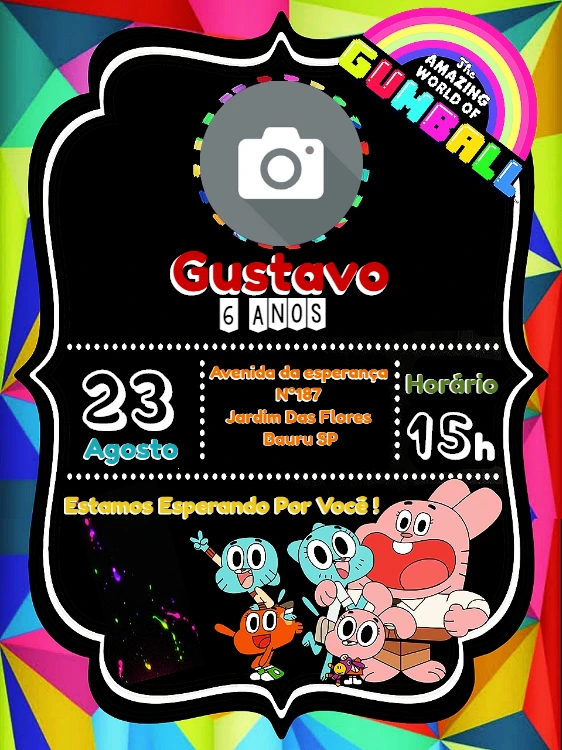 Convite Aniversário Gumball com Foto para Editar Online