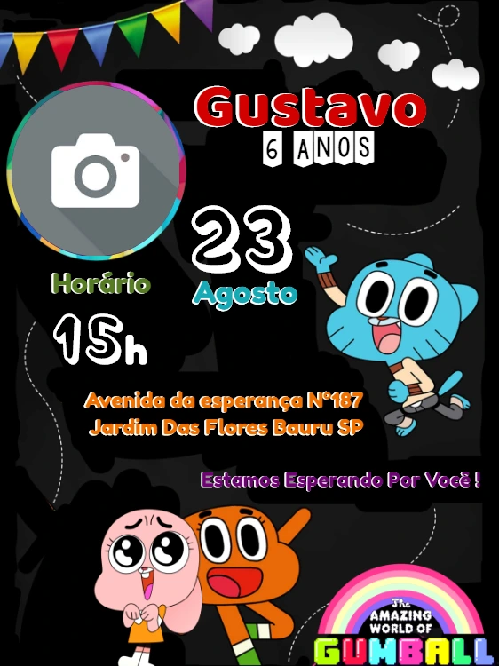 Convite Aniversário Gumball com Foto para Editar Online