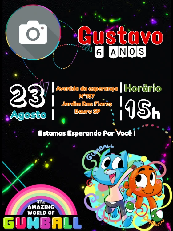 Convite Aniversário Gumball com Foto para Editar Online