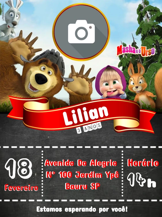 Convite Aniversário Masha e o Urso com Foto para Editar