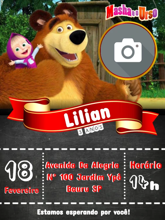 Convite Aniversário Masha e o Urso com Foto para Editar