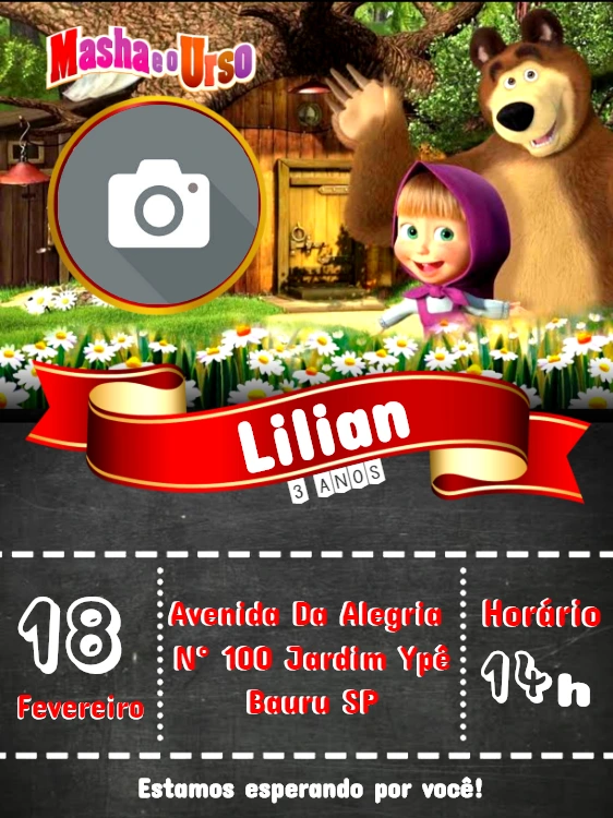 Convite de Aniversário Masha e o Urso com Foto para Editar