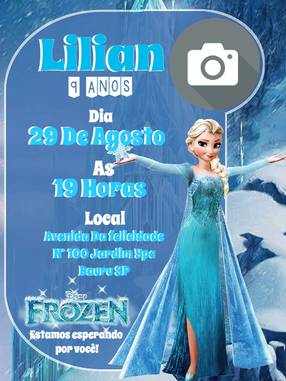 Convite Aniversário Frozen com Foto para Editar Online