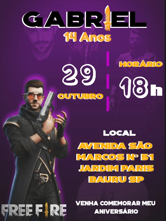 Convite de Aniversário Free Fire com Personagens para Editar