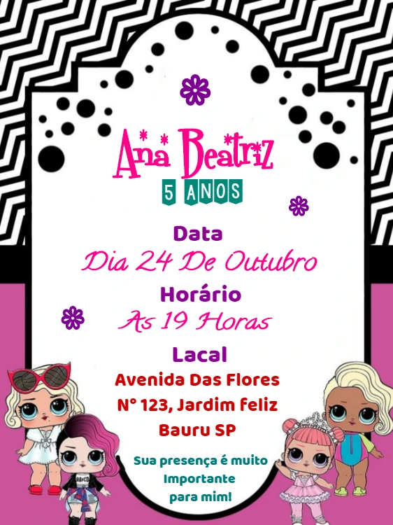 Convite de Aniversário Lol Surprise Editável para Imprimir