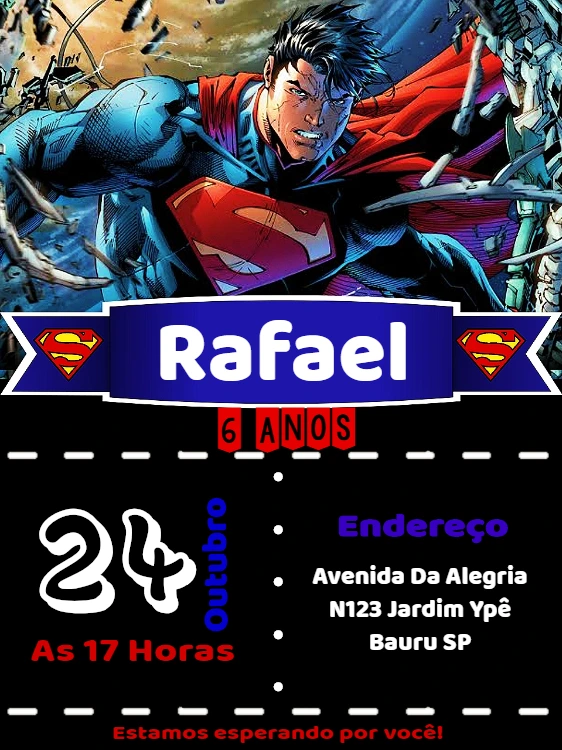 Convite de Aniversário Super Homem Editável Online para Imprimir