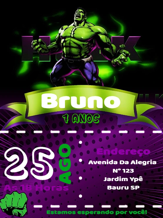 Convite de Aniversário Incrível Hulk para Editar e Enviar