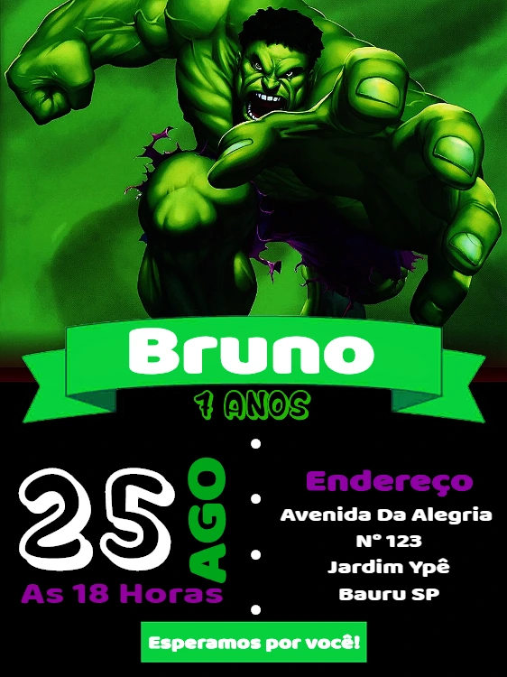 Convite Aniversário O Incrível Hulk Editável Online para Imprimir