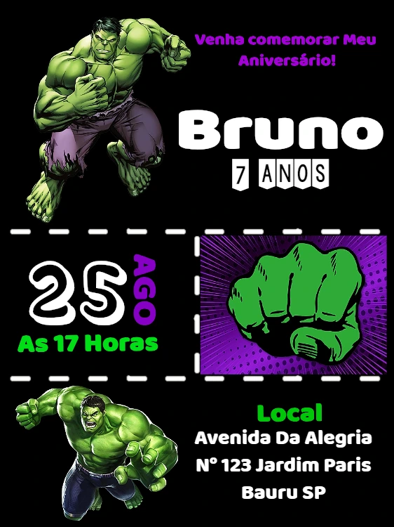 Convite Aniversário Hulk do Vingador para Editar e Imprimir