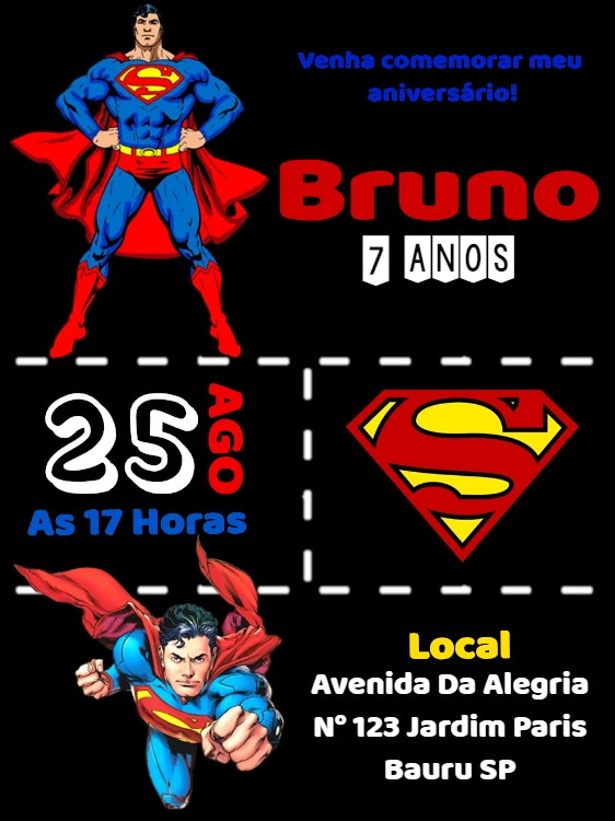 Convite de Aniversário Super Homem Editável Online para Imprimir