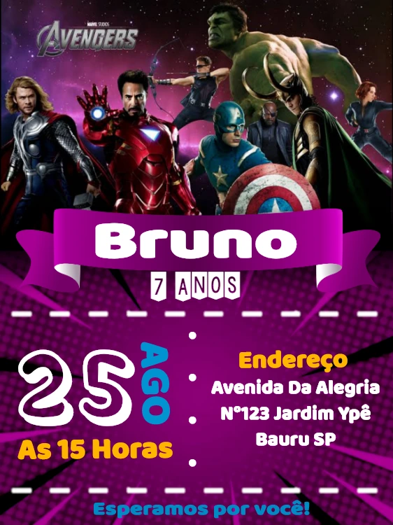 Convite de Aniversário Vingadores com Heróis para Editar Online