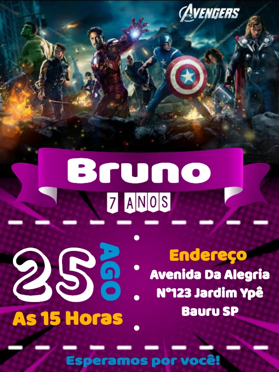 Convite Vingadores para Aniversário Infantil Editável Online