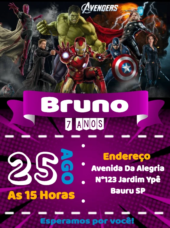 Convite de Aniversário Vingadores com Super-Heróis para Editar
