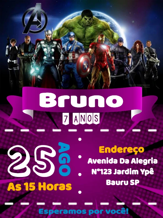 Convite Aniversário Vingadores com Heróis para Editar Online