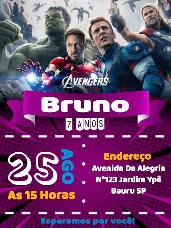 Convite de Aniversário Vingadores Editável Online para Imprimir