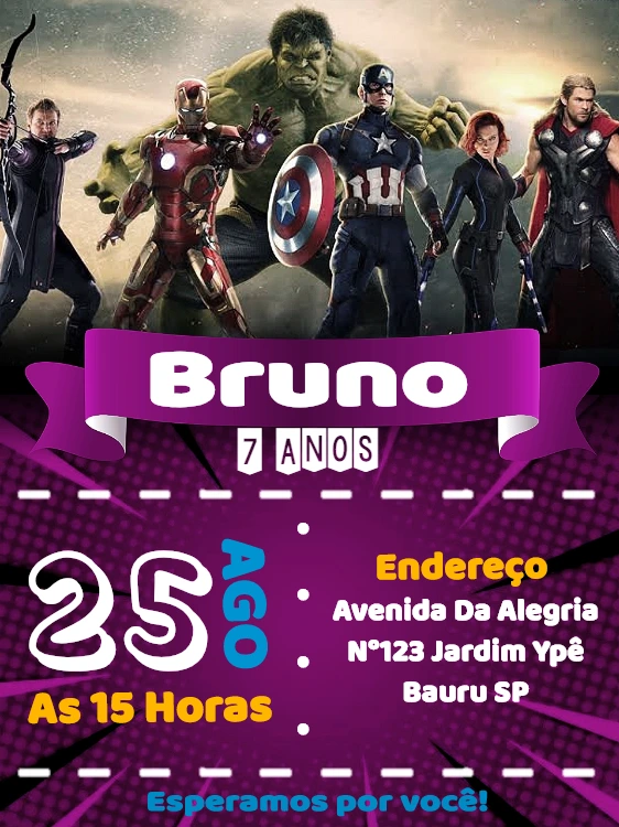 Convite Aniversário Vingadores com Heróis para Editar Online