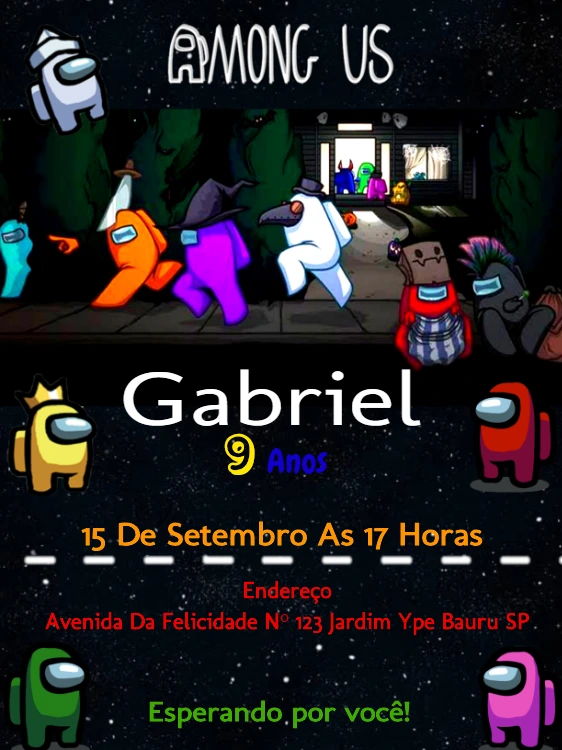 Convite de Aniversário Among Us com Personagens para Editar Online