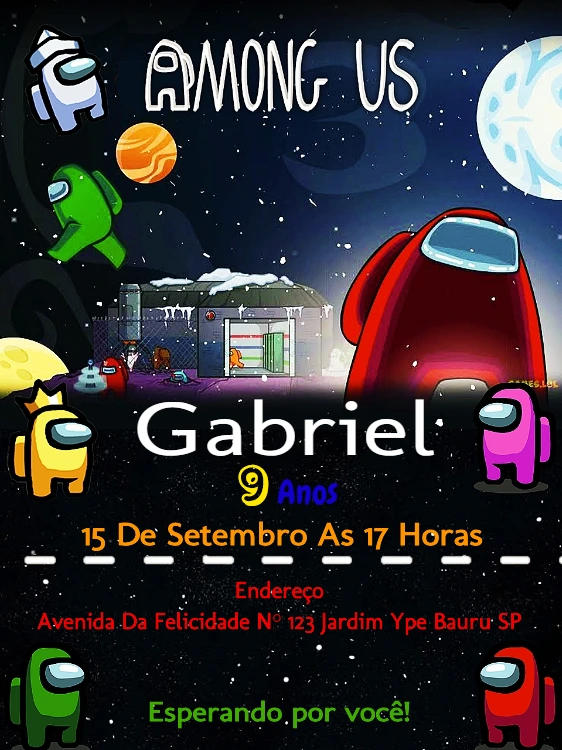 Convite de Aniversário Among Us com Personagens para Editar Online