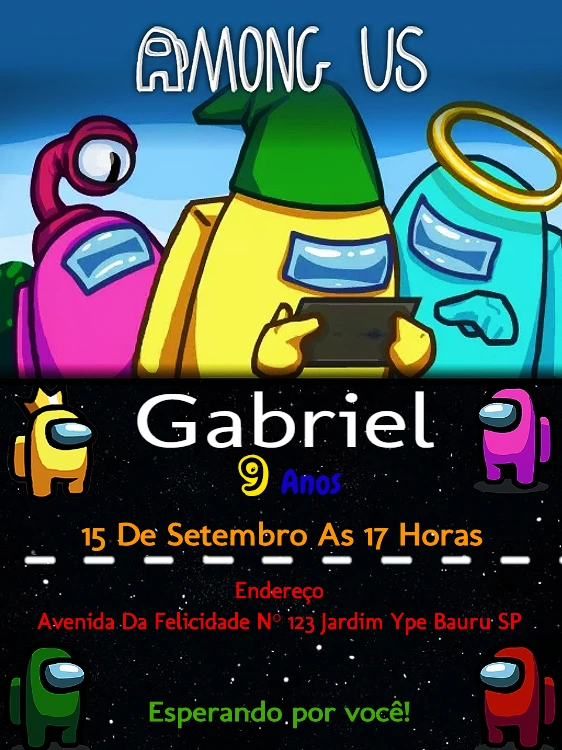 Convite de Aniversário Among Us com Personagens para Editar