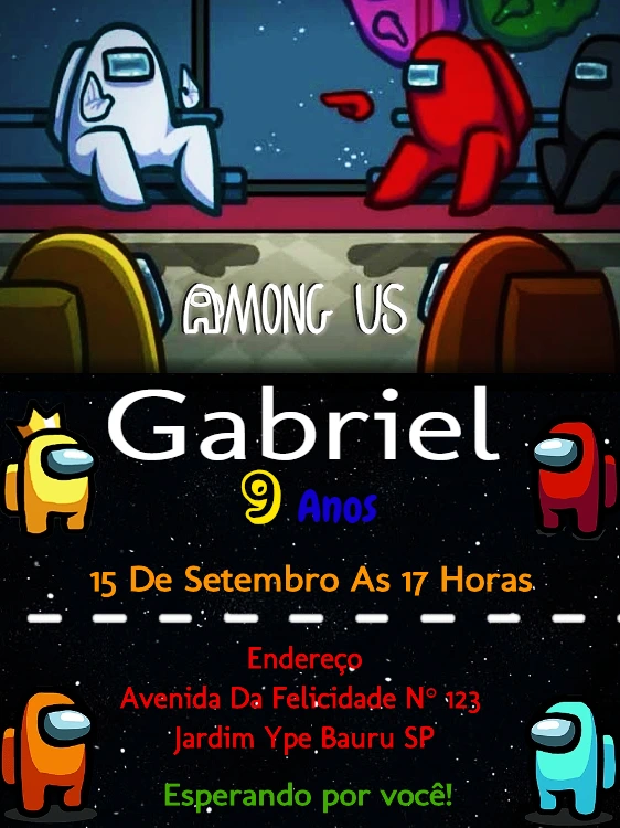 Convite de Aniversário Among Us com Personagens para Editar
