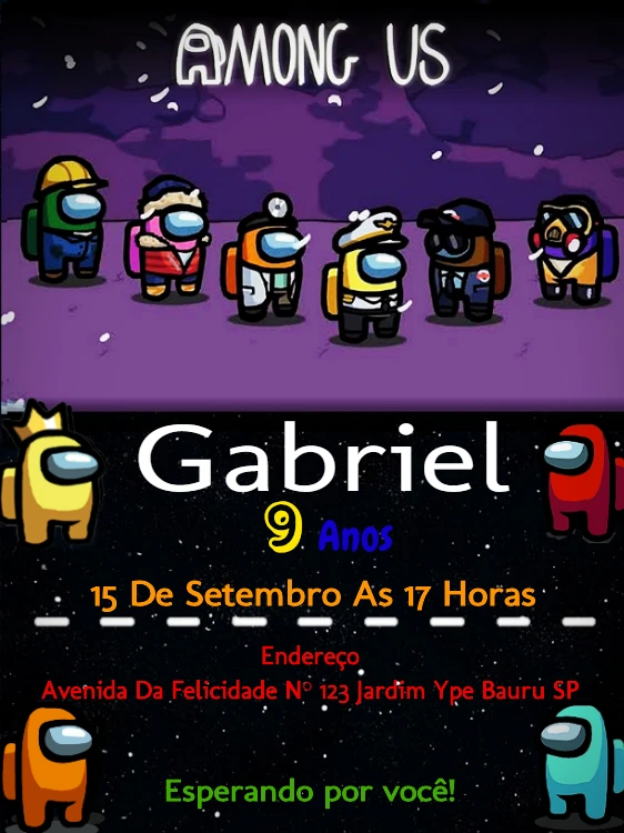 Convite de Aniversário Among Us com Personagens para Editar Online