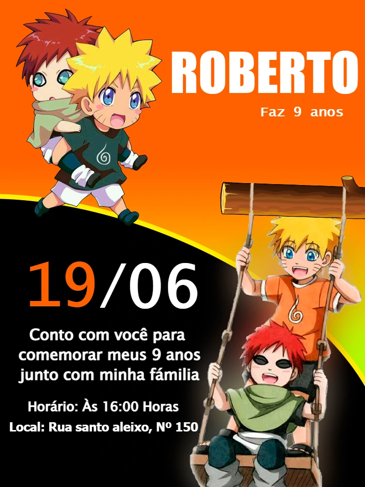 Convite Aniversário Naruto Infantil para Editar Online