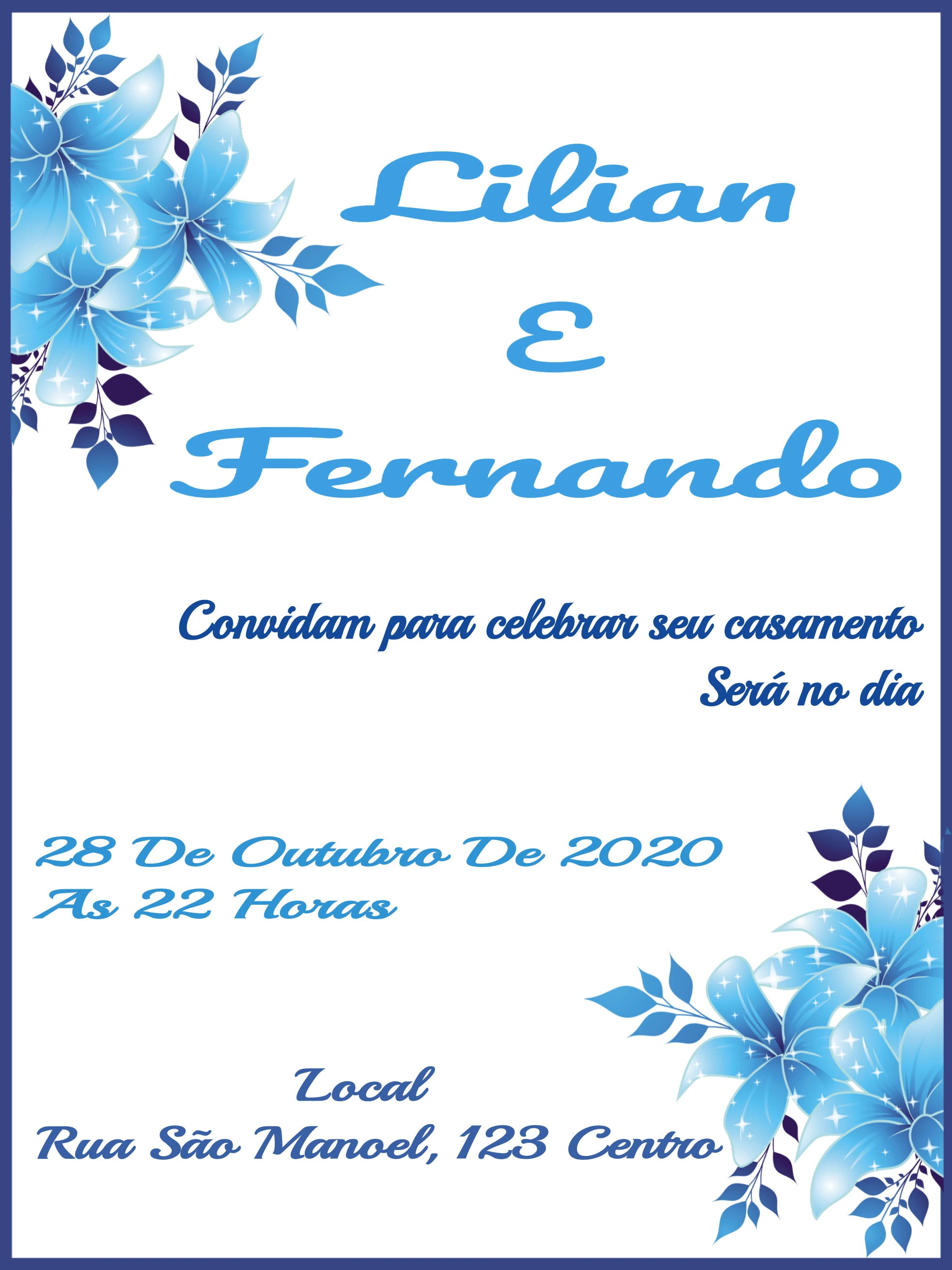 Convite de Casamento Floral Azul para Editar Online