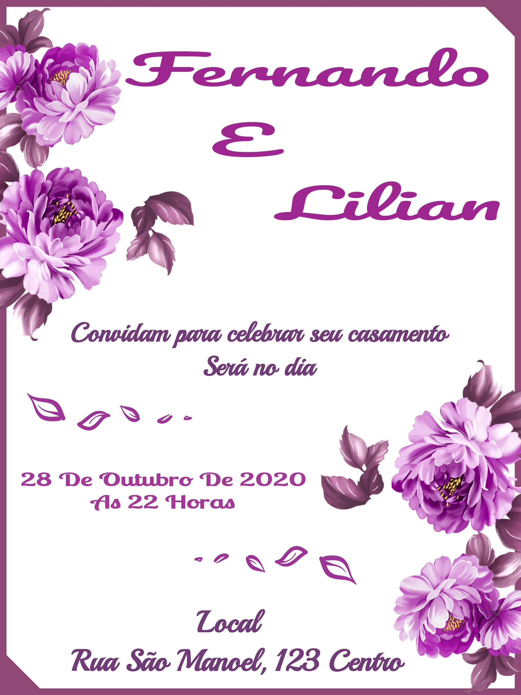 Convite de Casamento Floral Roxo para Editar Online