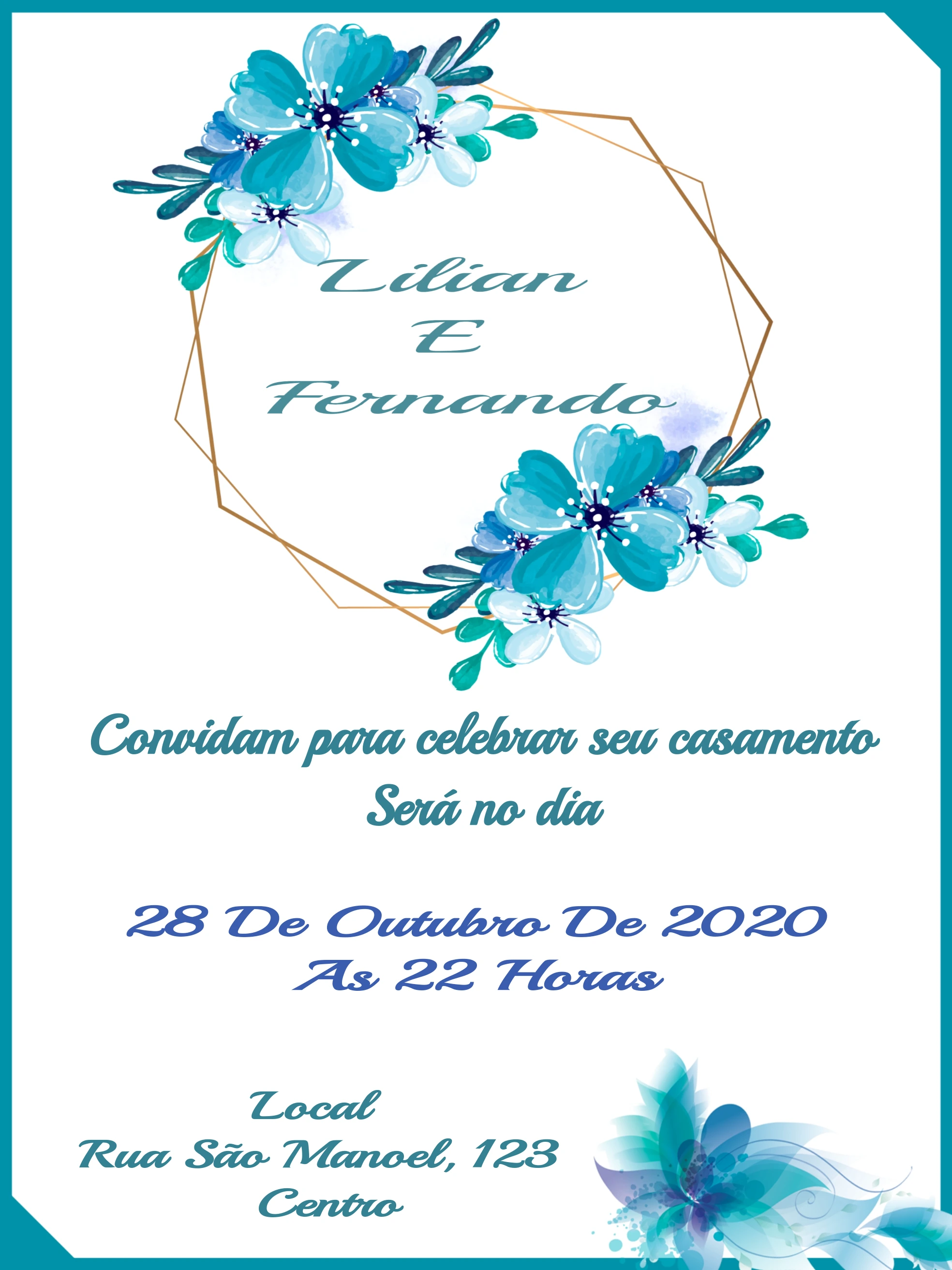 Convite de Casamento Floral Azul Aquarela para Editar Online