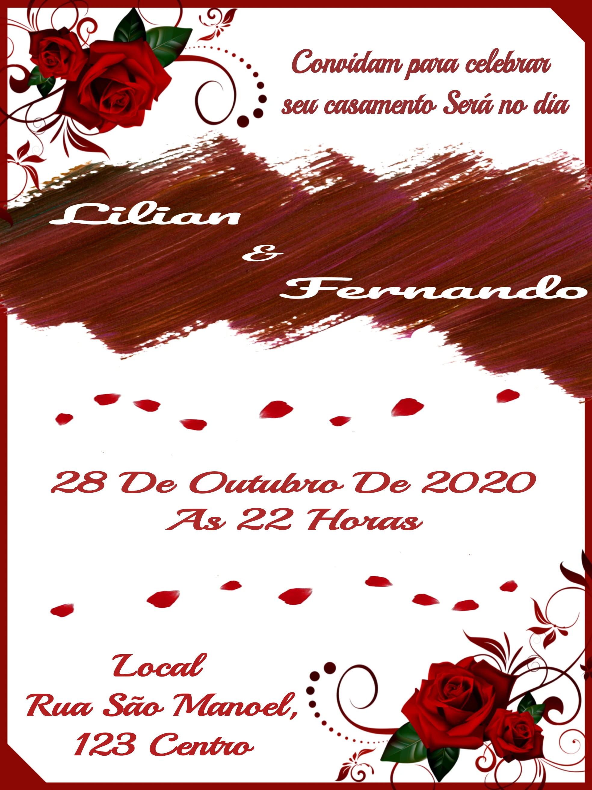 Convite de Casamento Rosas Vermelhas para Editar Online