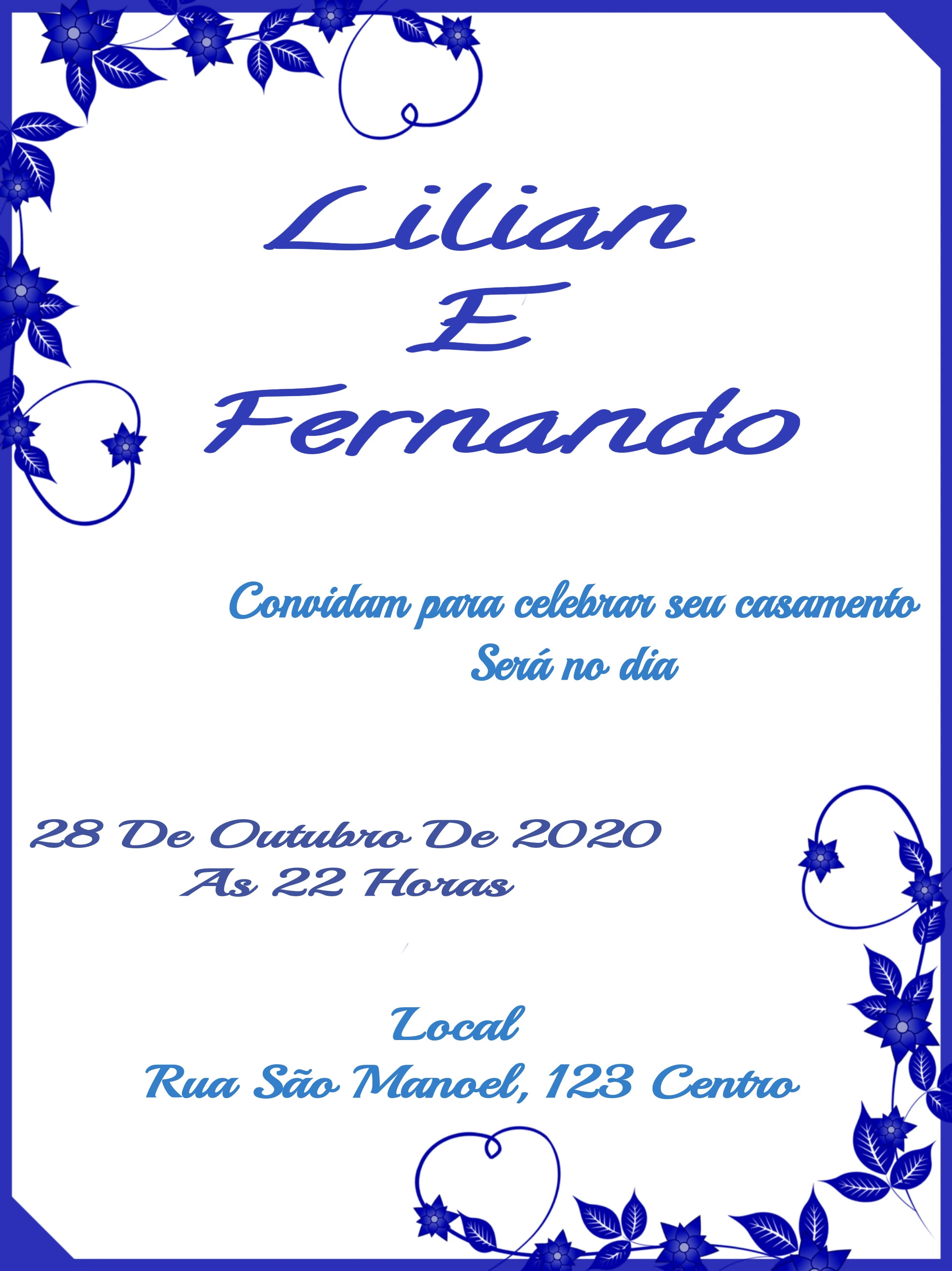 Convite de Casamento Floral Azul para Editar Online