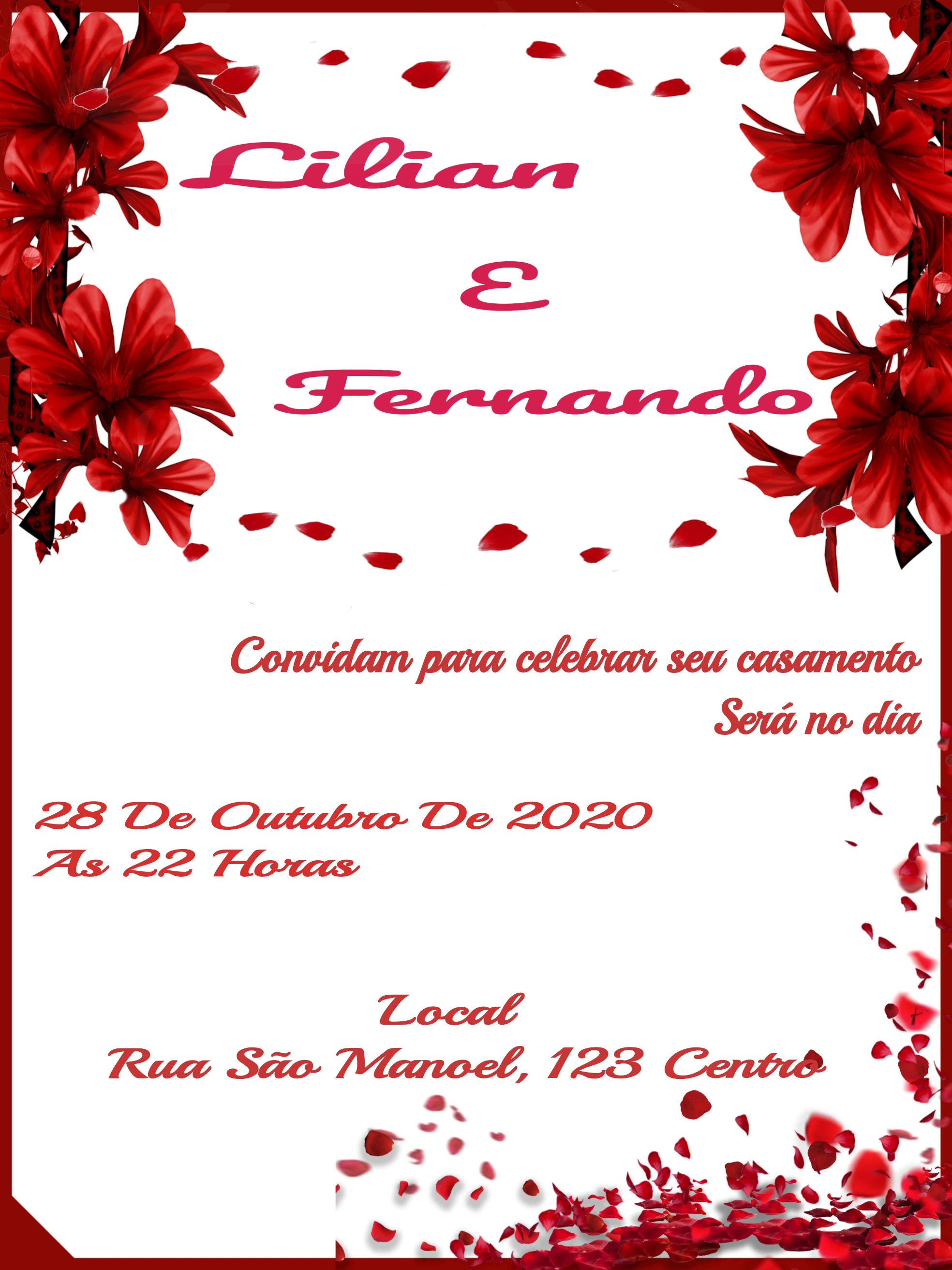 Convite de Casamento Floral Vermelho para Editar Online