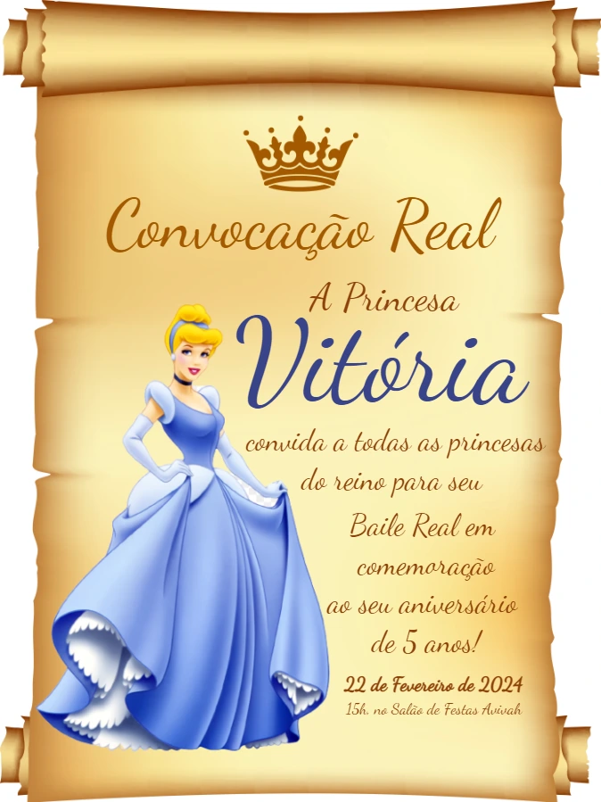 Convite Aniversário Cinderela Convocação Real para Editar