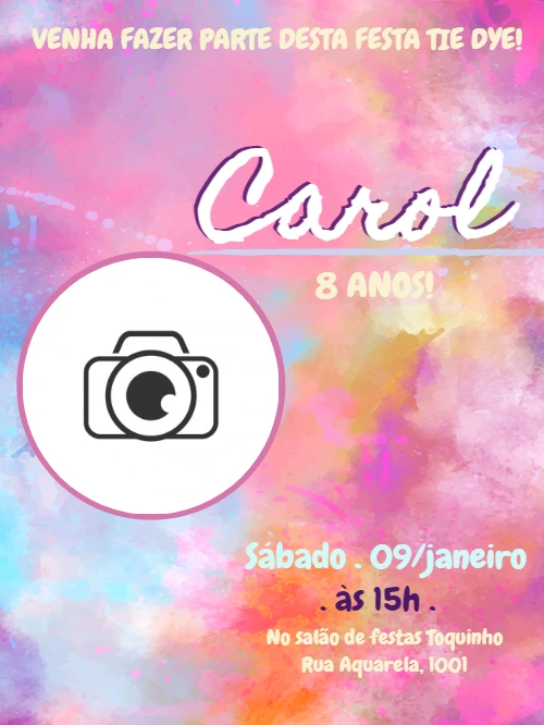 Convite Aniversário Tie Dye com Foto para Editar Online