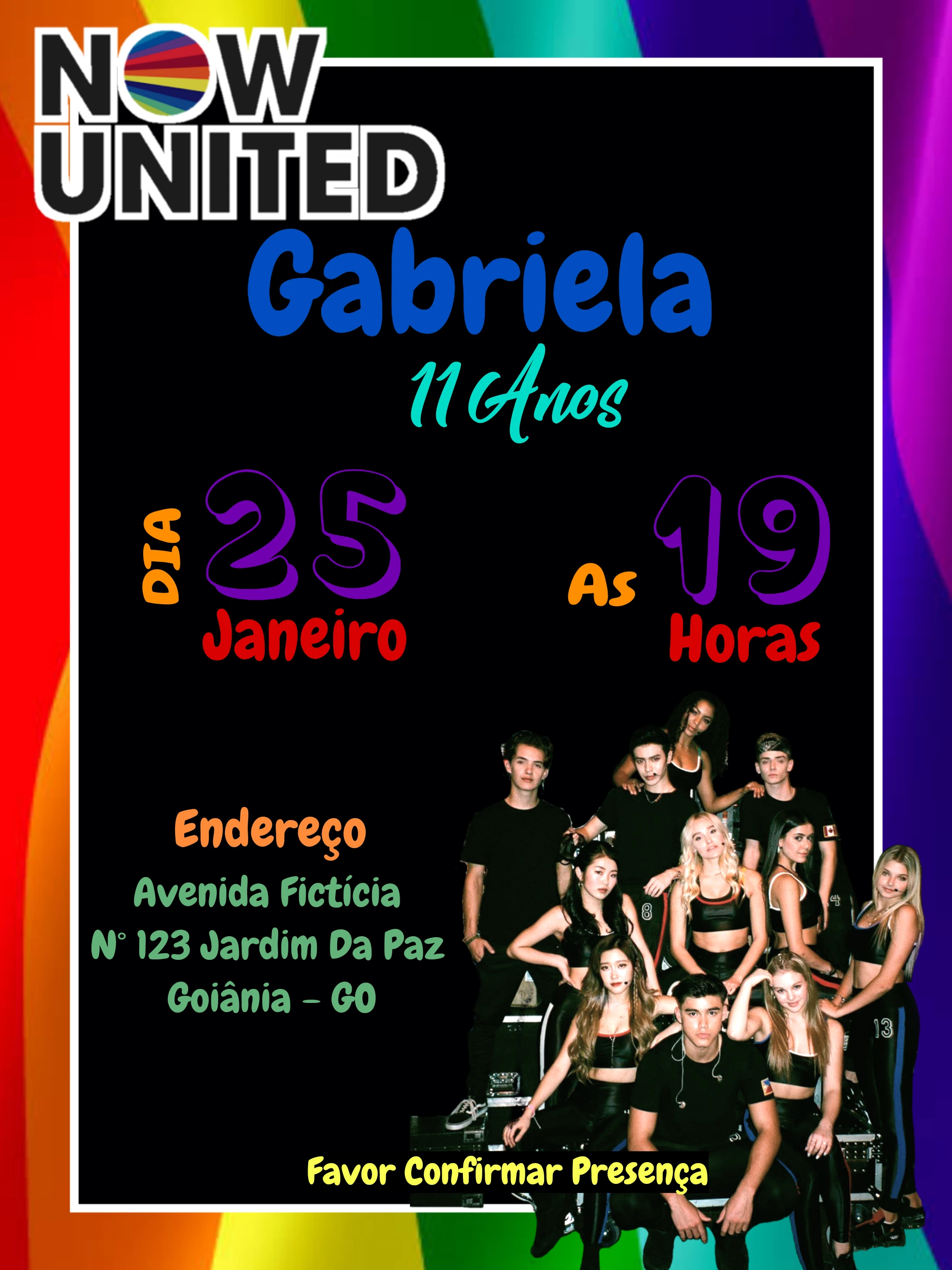 Convite de Aniversário Now United Colorido para Editar Online