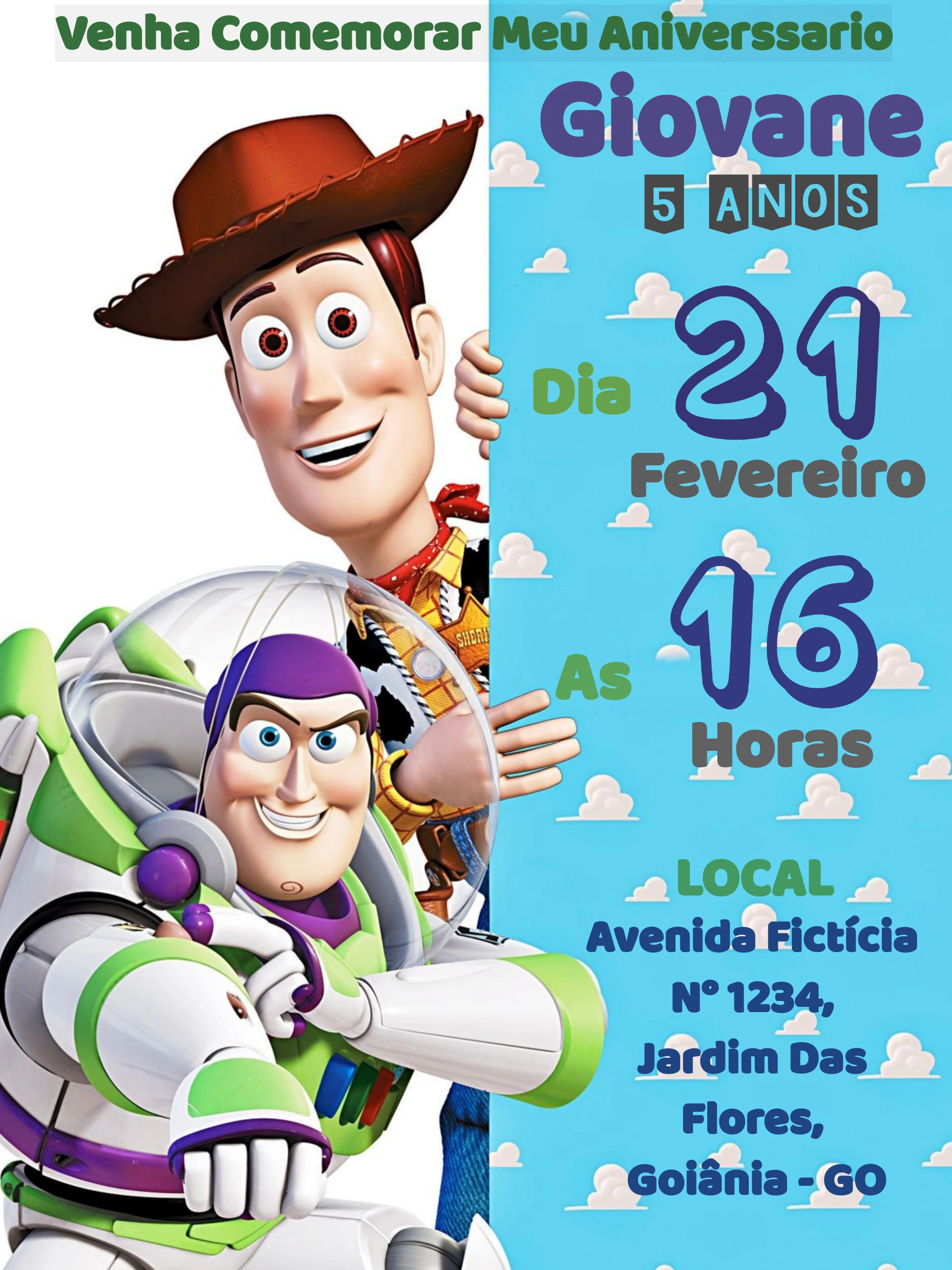Convite de Aniversário Toy Story com Woody e Buzz para Editar