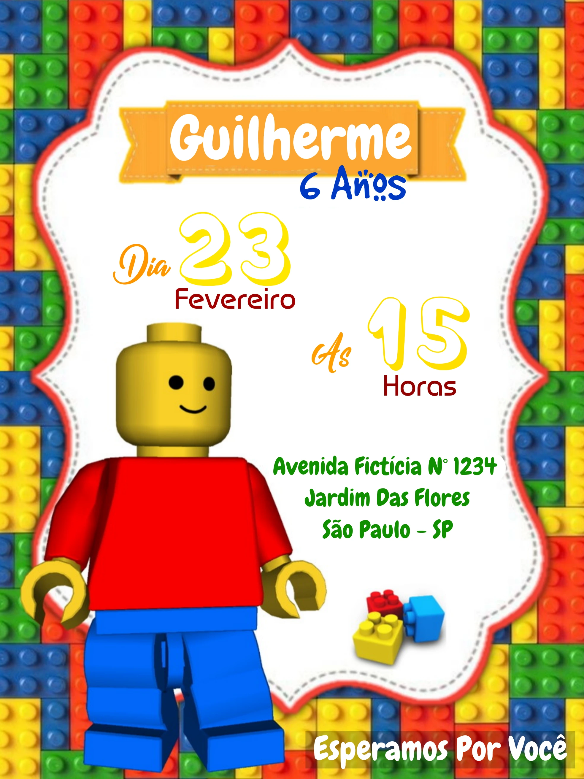 Convite Aniversário Lego com Blocos de Montar para Editar Online