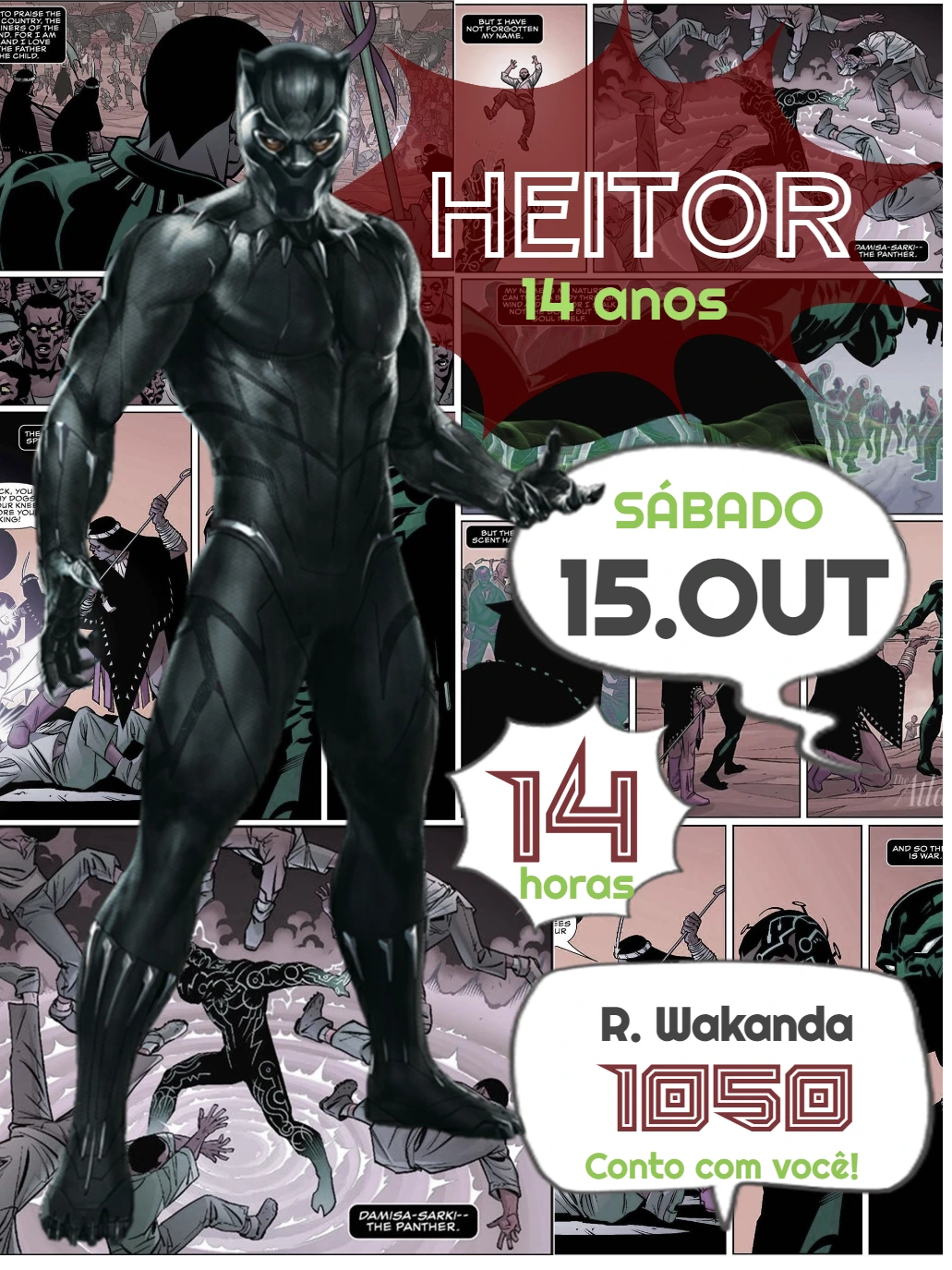 Convite Aniversário Pantera Negra Quadrinhos para Editar Online