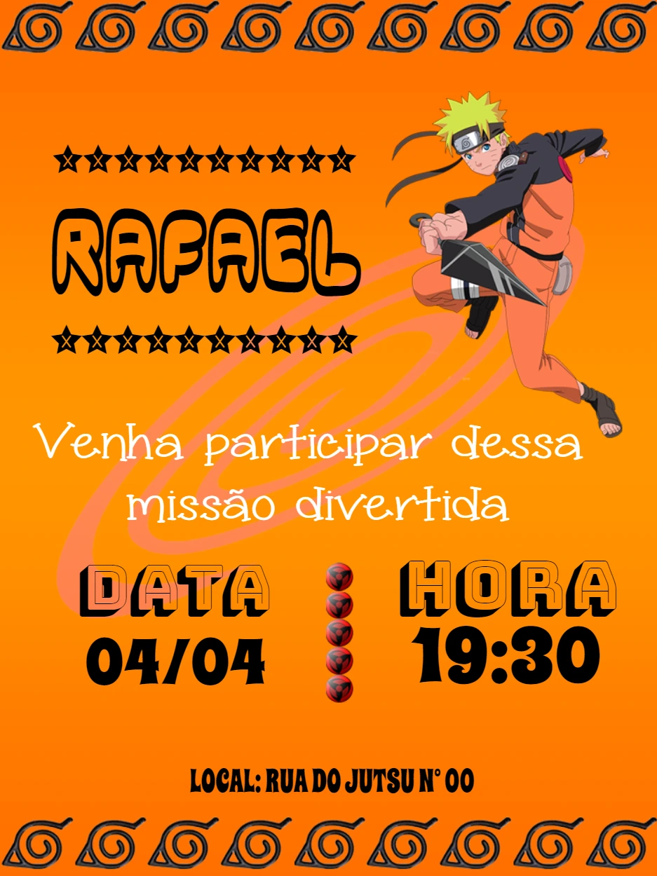 Convite de Aniversário Naruto com Personagem para Editar Online