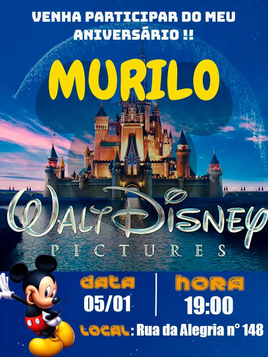 Convite Aniversário Mickey Mouse Disney para Editar Online