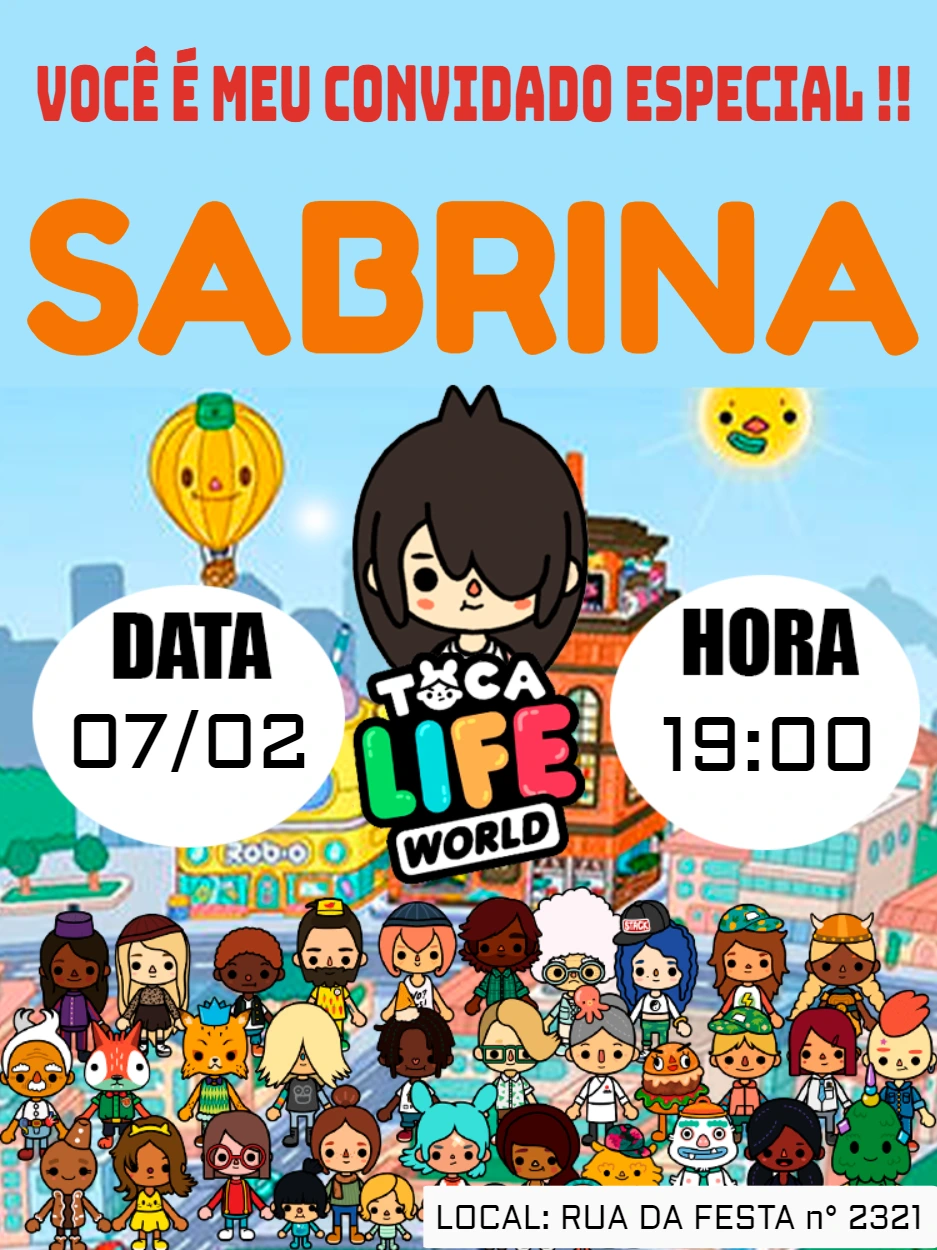 Convite de Aniversário Toca Life World com Personagens para Editar
