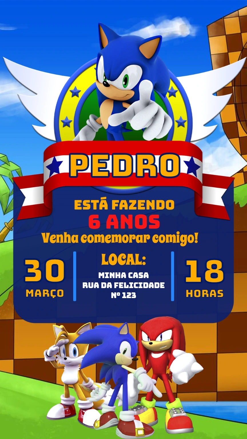 Convite de Aniversário Sonic para Editar Online e Imprimir