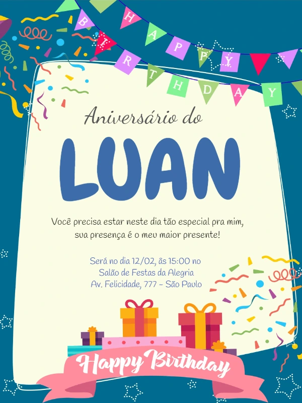 Convite de Aniversário Infantil Colorido para Editar Online