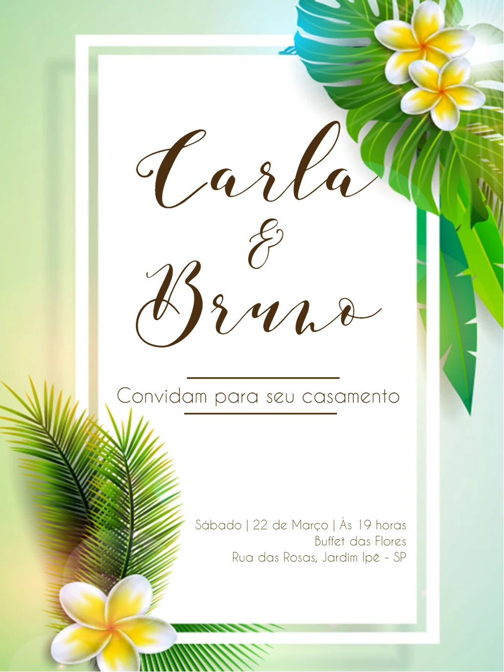 Convite de Casamento Tropical com Folhagem para Editar Online