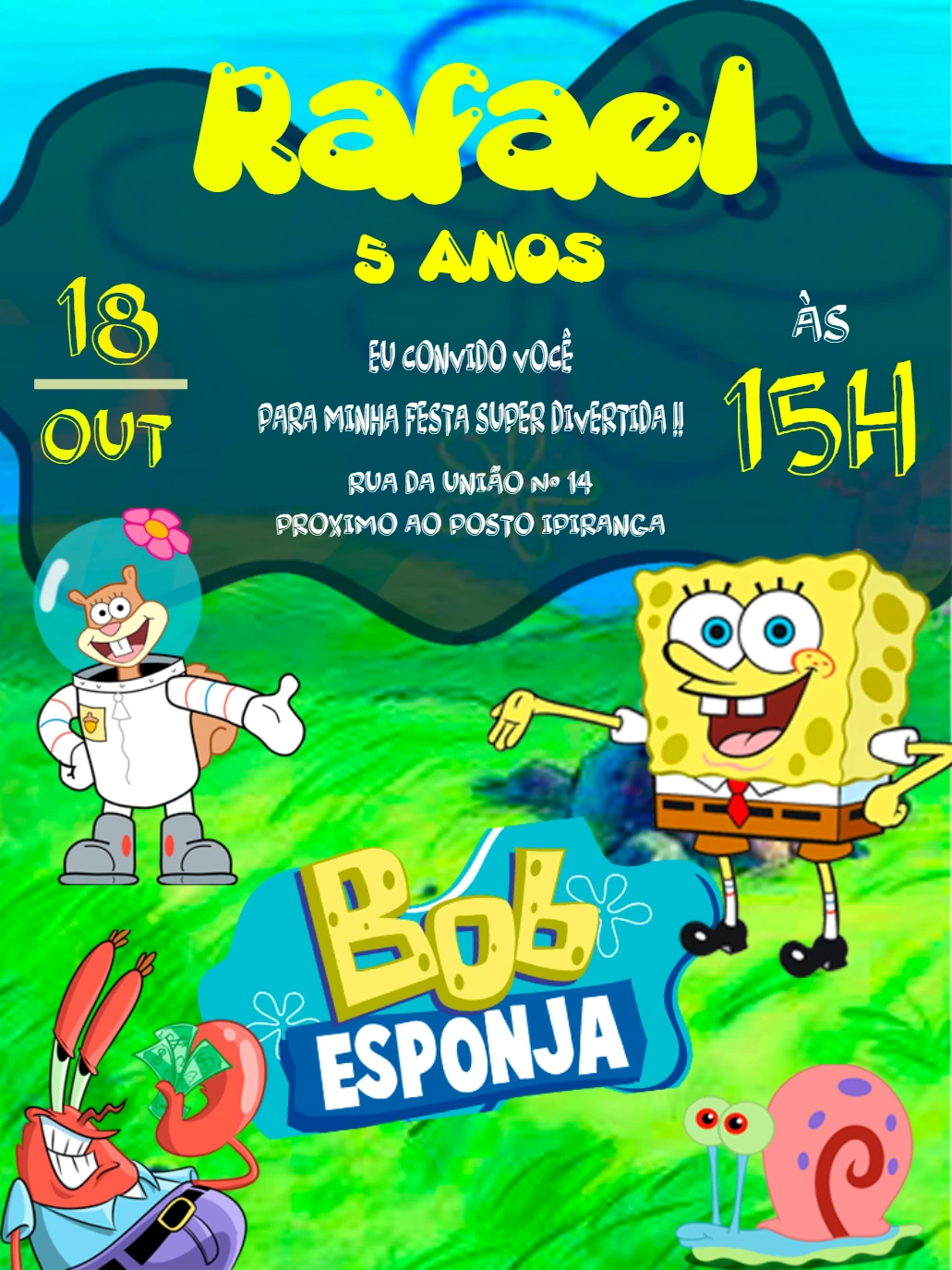 Convite Aniversário Bob Esponja com Personagens para Editar