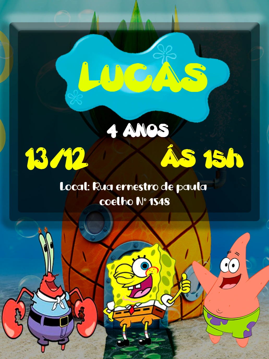 Convite Aniversário Bob Esponja com Personagens para Editar Online