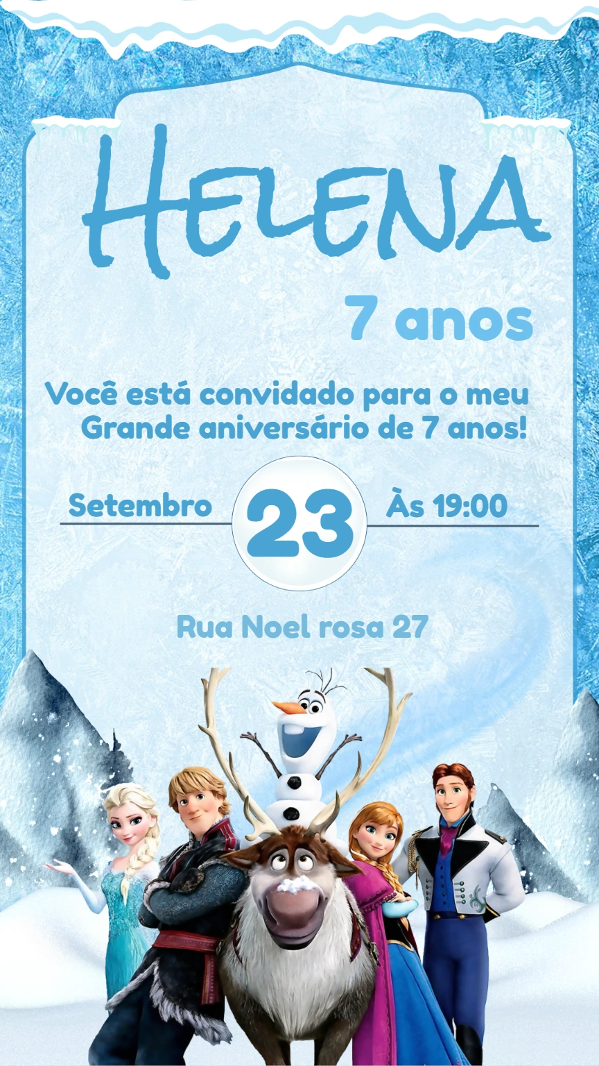 Convite de Aniversário Frozen com Personagens para Editar
