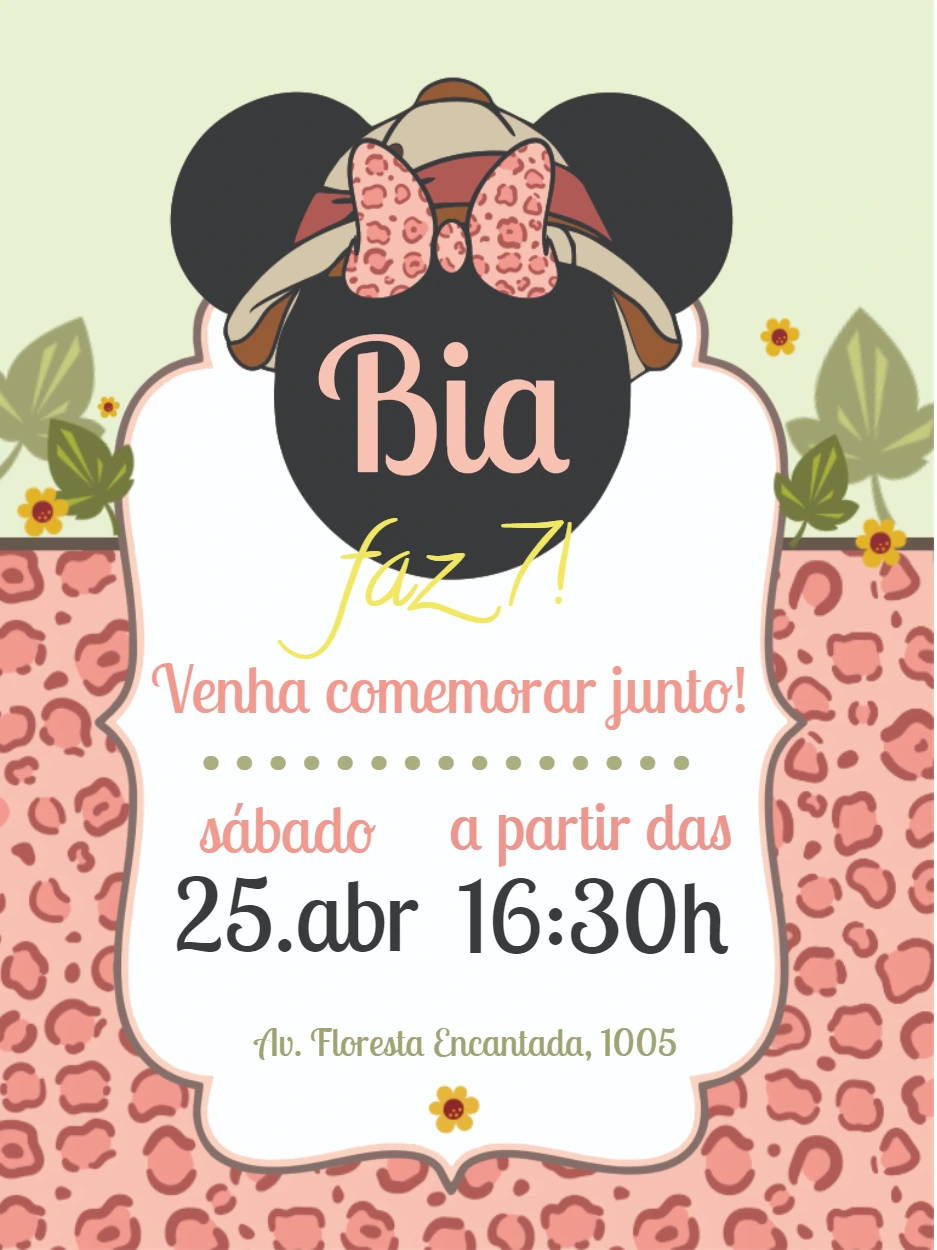 Convite Aniversário Minnie Safari para Editar Online