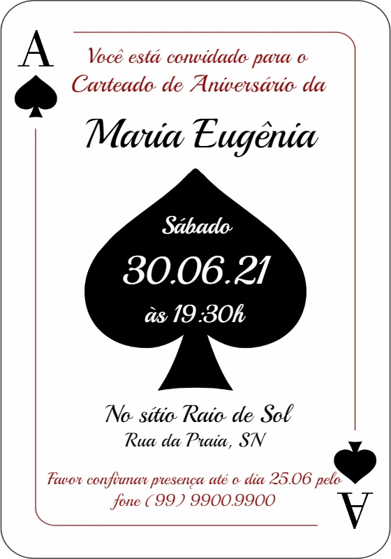 Convite de Aniversário Carteado Baralho Editável Online