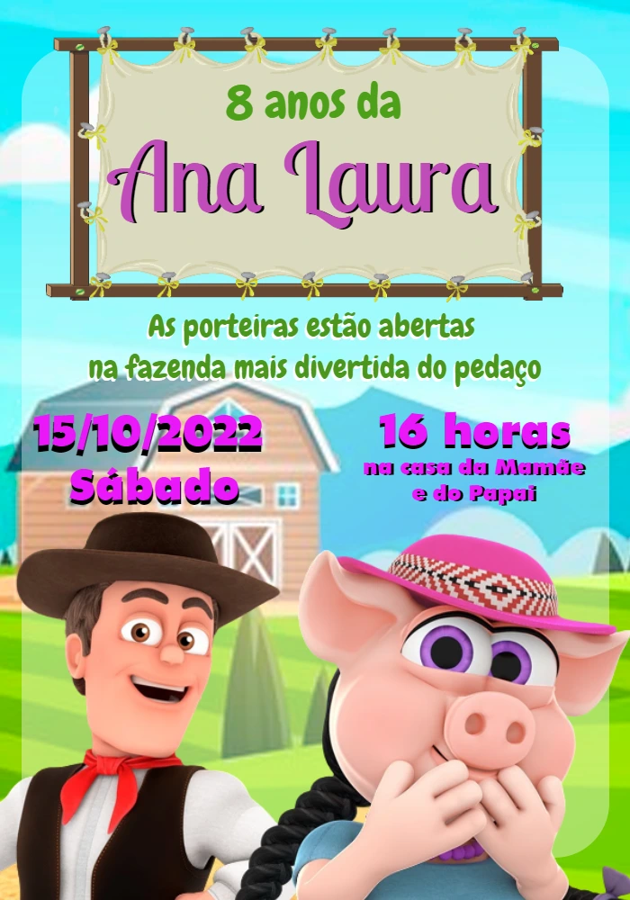 Convite Aniversário Fazenda do Zenon com Personagens para Editar